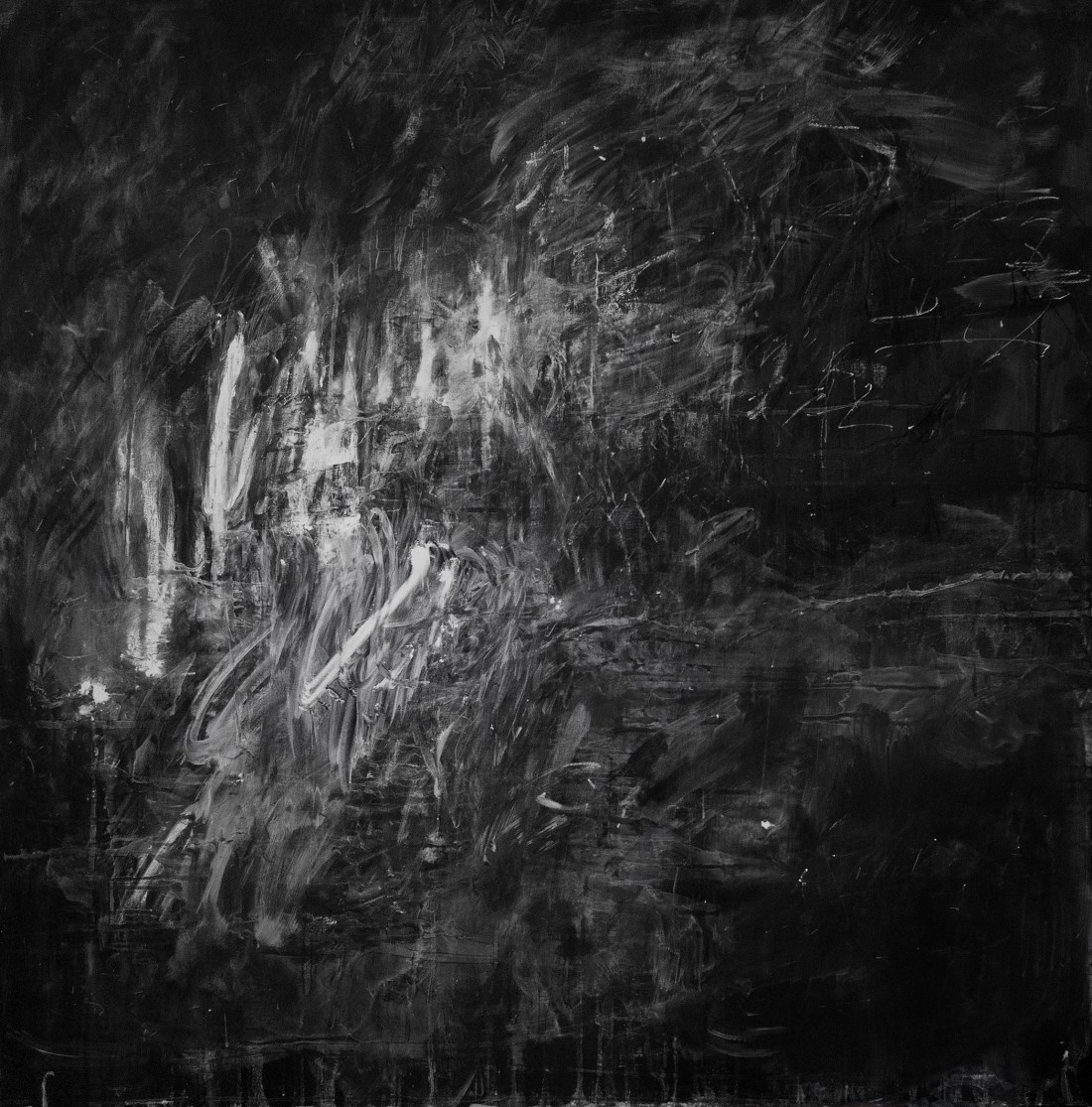 AJATTELEN ITSEÄNI JATKUVASTI TULEVAISUUDESSA MENNEESSÄMUODOSSA - I THINK ABOUT MYSELF CONSTANTLY IN THE FUTURE IN THE PAST TENSE Liitutaulu, puu, liitu Black board, wood, chalk 150 x 150cm 2014